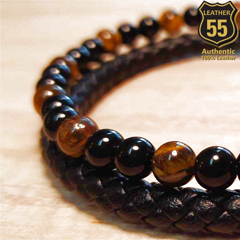 Leather 55 Ανδρικό Xειροποίητο Δερμάτινο βραχιόλι με ανοξείδωτο ατσάλι σε συσκευασία δώρου / Κωδικός Προϊόντος: C101