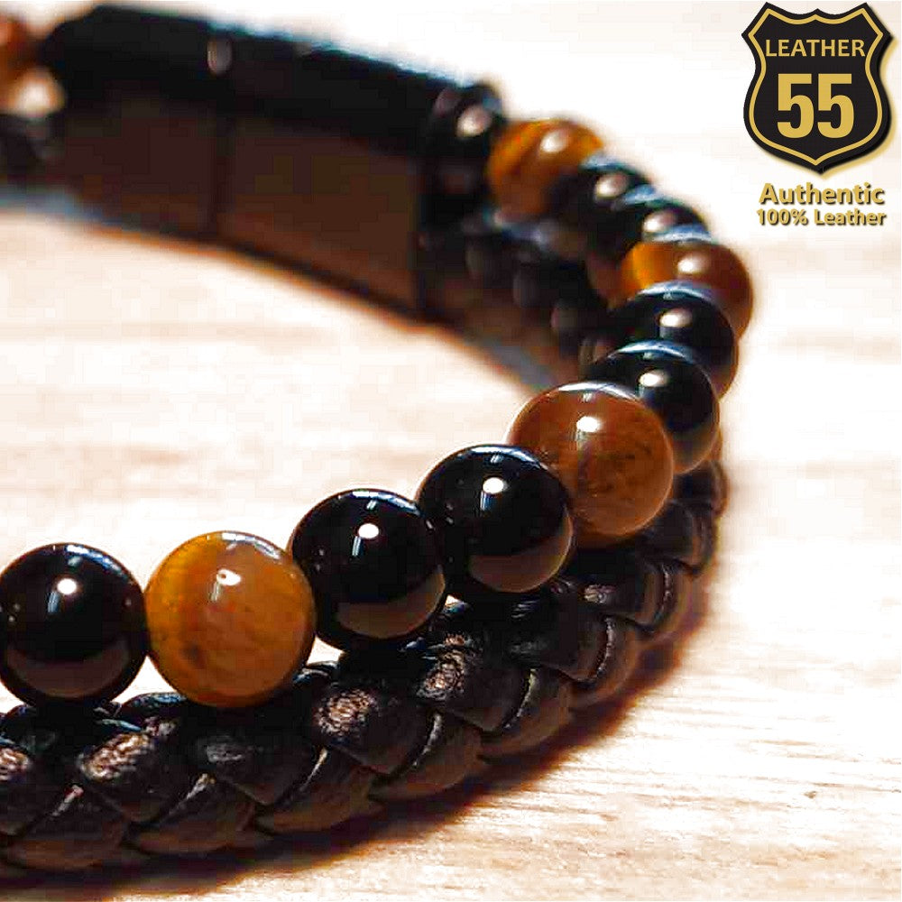 Leather 55 Ανδρικό Xειροποίητο Δερμάτινο βραχιόλι με ανοξείδωτο ατσάλι σε συσκευασία δώρου / Κωδικός Προϊόντος: C101