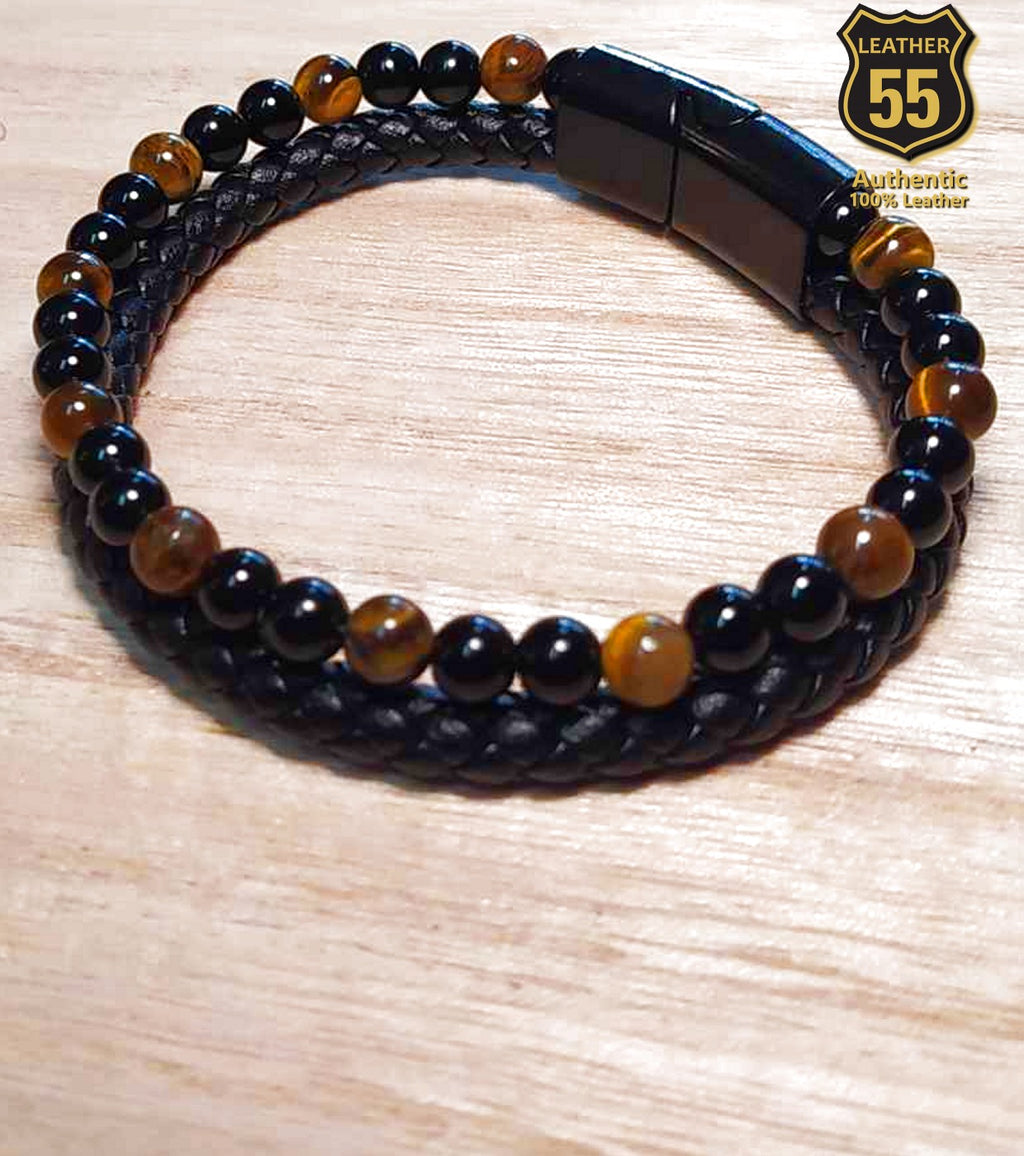 Leather 55 Ανδρικό Xειροποίητο Δερμάτινο βραχιόλι με ανοξείδωτο ατσάλι σε συσκευασία δώρου / Κωδικός Προϊόντος: C101