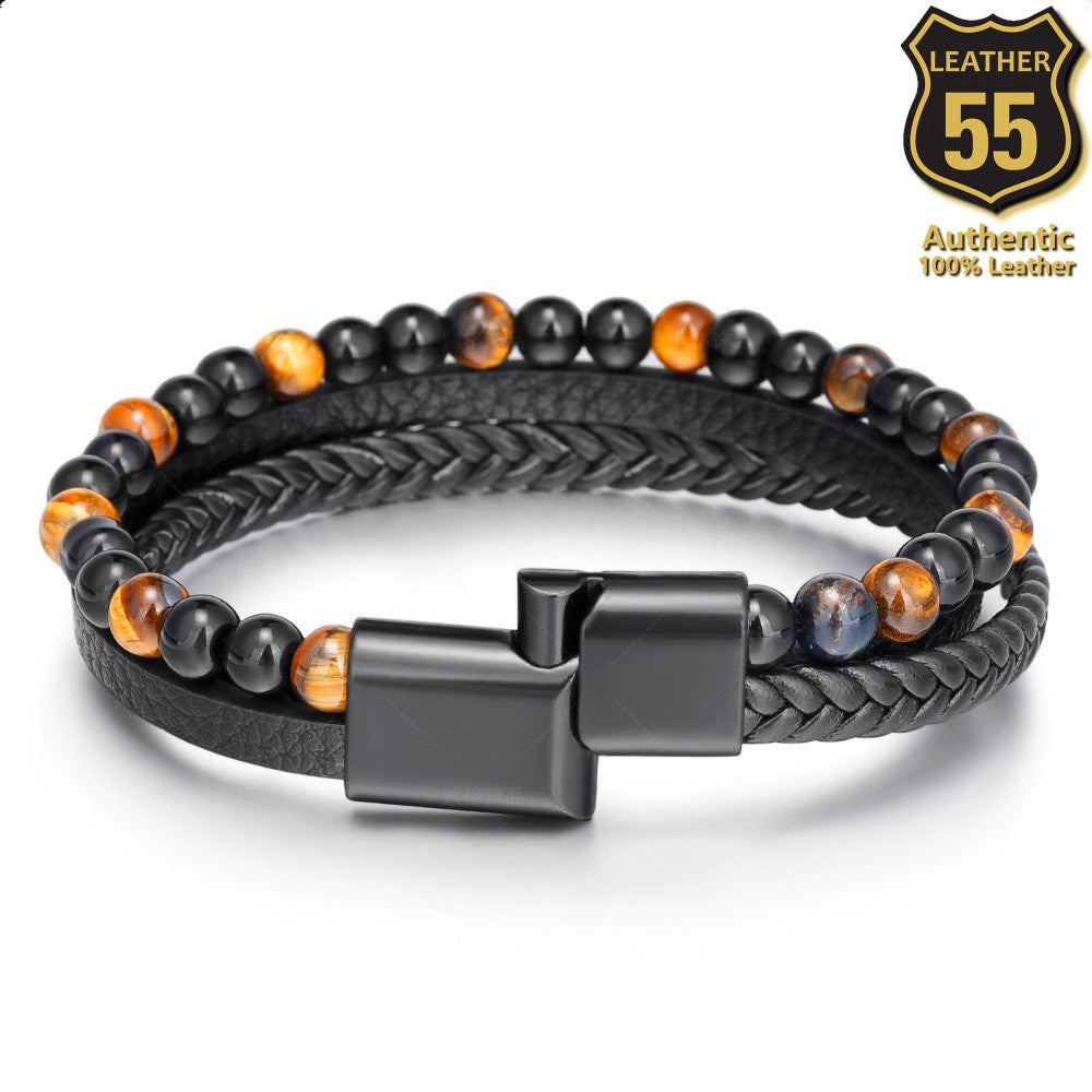 Leather 55 Ανδρικό Xειροποίητο Δερμάτινο βραχιόλι με ανοξείδωτο ατσάλι σε συσκευασία δώρου / Κωδικός Προϊόντος: C103