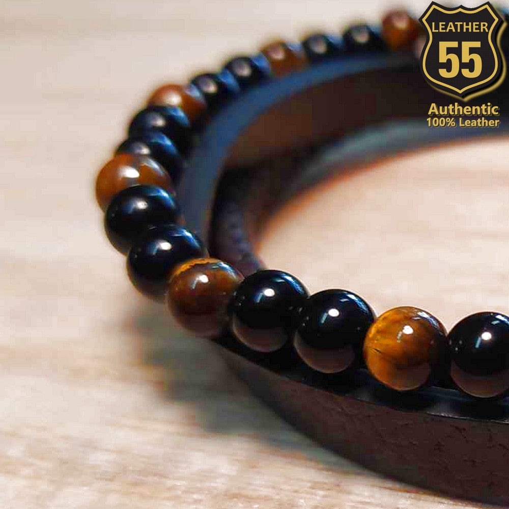 Leather 55 Ανδρικό Xειροποίητο Δερμάτινο βραχιόλι με ανοξείδωτο ατσάλι σε συσκευασία δώρου / Κωδικός Προϊόντος: C103