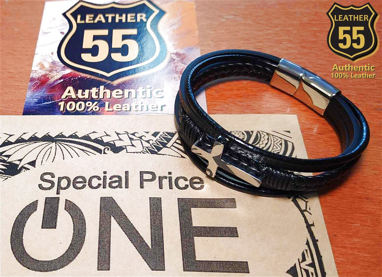 Leather 55 Ανδρικό Xειροποίητο Δερμάτινο βραχιόλι με ανοξείδωτο ατσάλι σε συσκευασία δώρου / Κωδικός Προϊόντος: C104