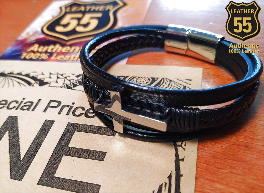 Leather 55 Ανδρικό Xειροποίητο Δερμάτινο βραχιόλι με ανοξείδωτο ατσάλι σε συσκευασία δώρου / Κωδικός Προϊόντος: C104