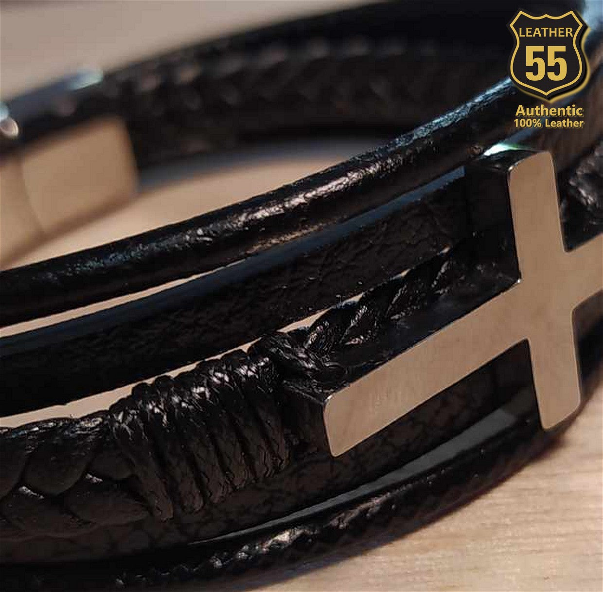 Leather 55 Ανδρικό Xειροποίητο Δερμάτινο βραχιόλι με ανοξείδωτο ατσάλι σε συσκευασία δώρου / Κωδικός Προϊόντος: C104