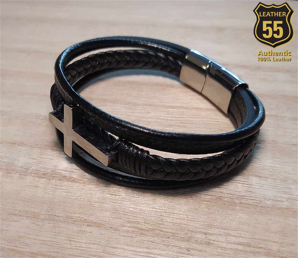 Leather 55 Ανδρικό Xειροποίητο Δερμάτινο βραχιόλι με ανοξείδωτο ατσάλι σε συσκευασία δώρου / Κωδικός Προϊόντος: C104