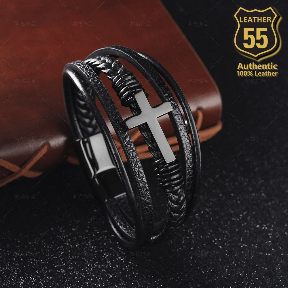 Leather 55 Ανδρικό Xειροποίητο Δερμάτινο βραχιόλι με ανοξείδωτο ατσάλι σε συσκευασία δώρου / Κωδικός Προϊόντος: C104