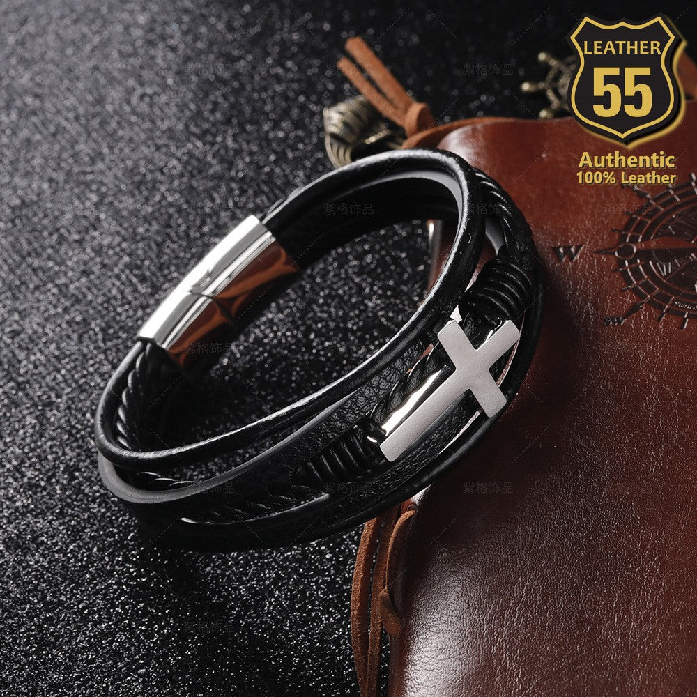 Leather 55 Ανδρικό Xειροποίητο Δερμάτινο βραχιόλι με ανοξείδωτο ατσάλι σε συσκευασία δώρου / Κωδικός Προϊόντος: C104