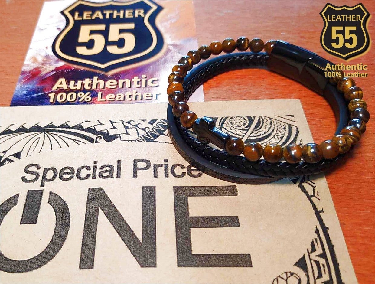 Leather 55 Ανδρικό Xειροποίητο Δερμάτινο βραχιόλι με ανοξείδωτο ατσάλι σε συσκευασία δώρου / Κωδικός Προϊόντος: C106b