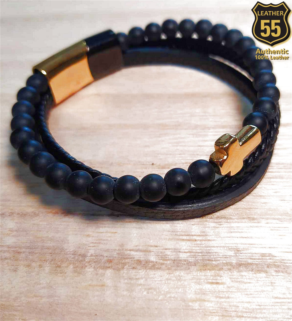 Leather 55 Ανδρικό Xειροποίητο Δερμάτινο βραχιόλι με ανοξείδωτο ατσάλι σε συσκευασία δώρου / Κωδικός Προϊόντος: C107