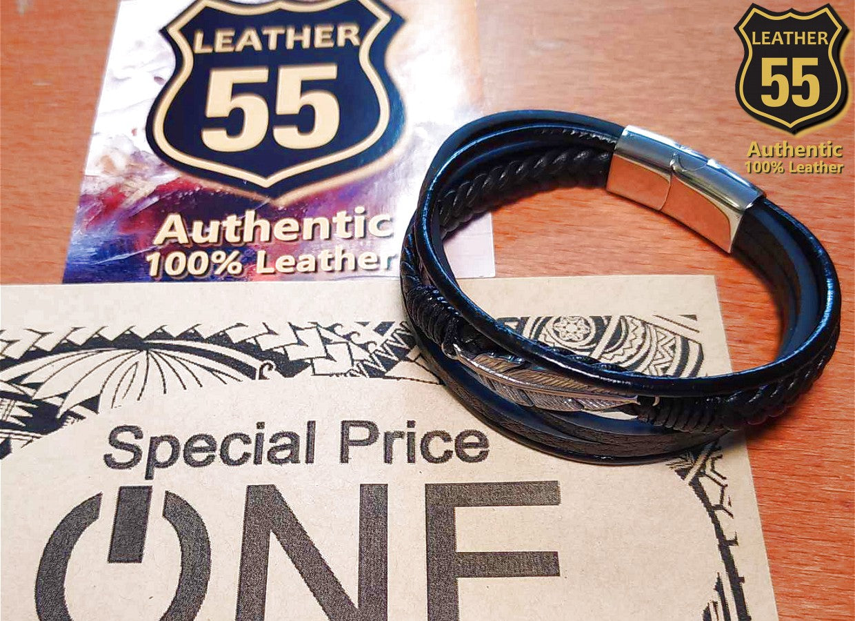 Leather 55 Ανδρικό Xειροποίητο Δερμάτινο βραχιόλι με ανοξείδωτο ατσάλι σε συσκευασία δώρου / Κωδικός Προϊόντος: C109
