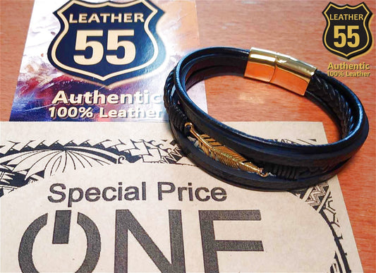 Leather 55 Ανδρικό Xειροποίητο Δερμάτινο βραχιόλι με ανοξείδωτο ατσάλι σε συσκευασία δώρου / Κωδικός Προϊόντος: C110