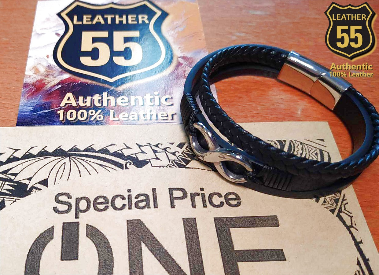 Leather 55 Ανδρικό Xειροποίητο Δερμάτινο βραχιόλι με ανοξείδωτο ατσάλι σε συσκευασία δώρου / Κωδικός Προϊόντος: C111