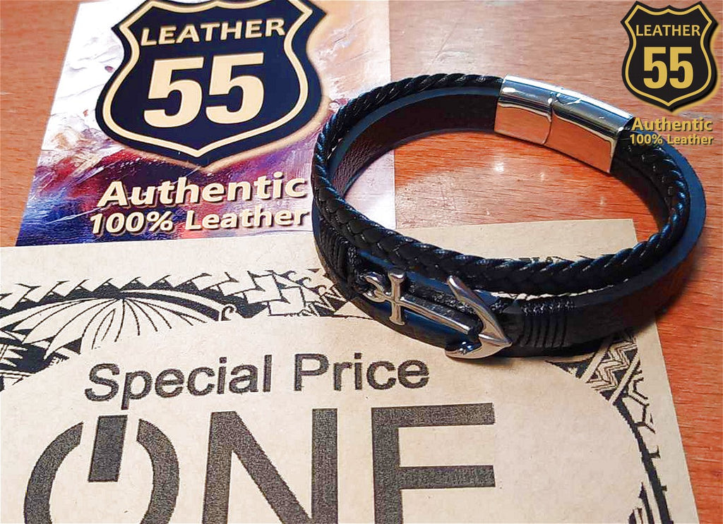 Leather 55 Ανδρικό Xειροποίητο Δερμάτινο βραχιόλι με ανοξείδωτο ατσάλι σε συσκευασία δώρου / Κωδικός Προϊόντος: C115