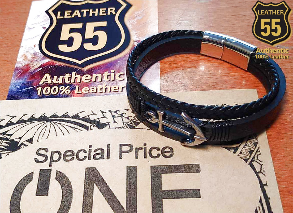 Leather 55 Ανδρικό Xειροποίητο Δερμάτινο βραχιόλι με ανοξείδωτο ατσάλι σε συσκευασία δώρου / Κωδικός Προϊόντος: C115