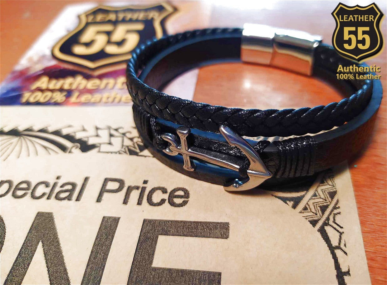 Leather 55 Ανδρικό Xειροποίητο Δερμάτινο βραχιόλι με ανοξείδωτο ατσάλι σε συσκευασία δώρου / Κωδικός Προϊόντος: C115