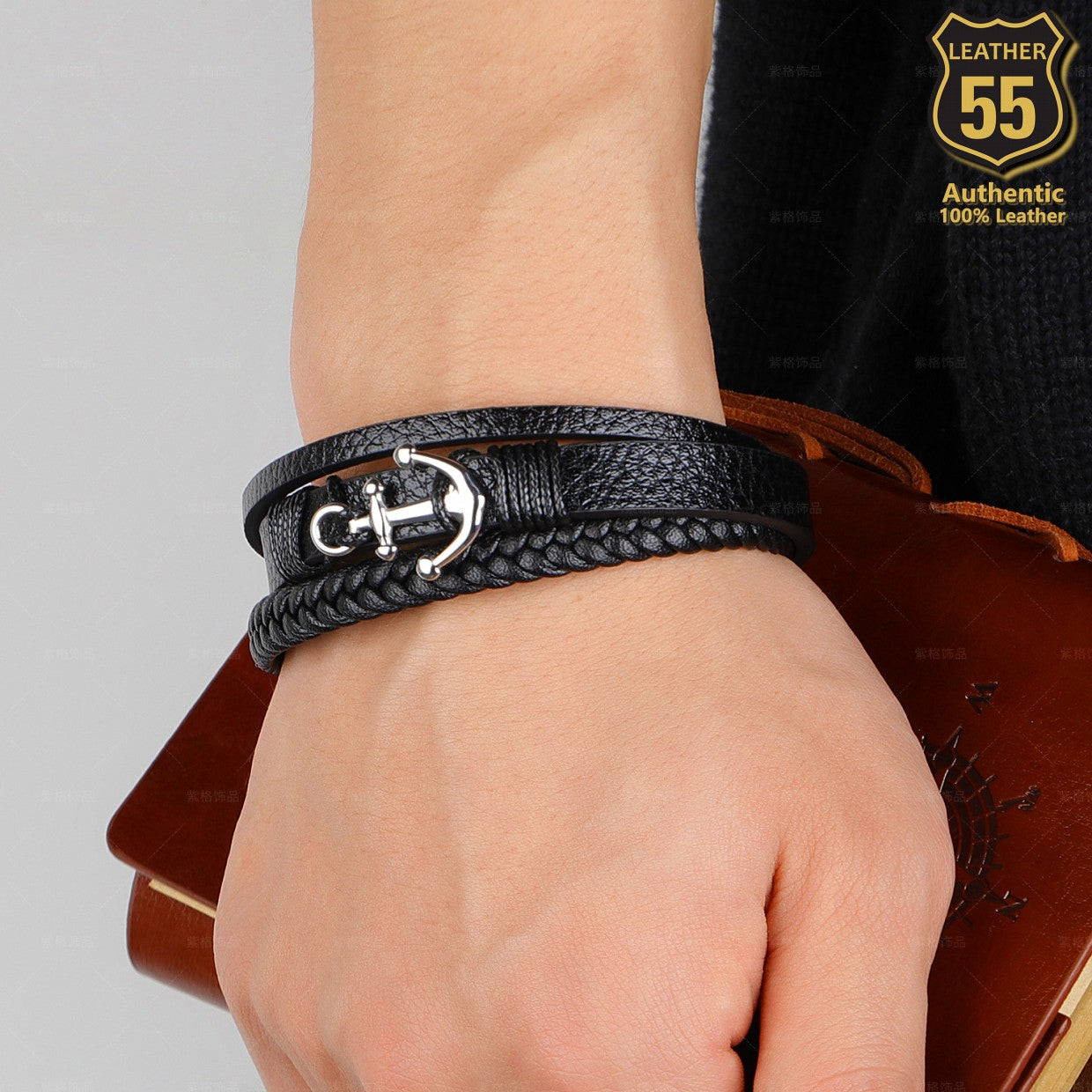 Leather 55 Ανδρικό Xειροποίητο Δερμάτινο βραχιόλι με ανοξείδωτο ατσάλι σε συσκευασία δώρου / Κωδικός Προϊόντος: C115