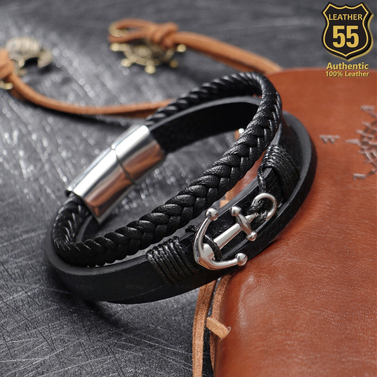 Leather 55 Ανδρικό Xειροποίητο Δερμάτινο βραχιόλι με ανοξείδωτο ατσάλι σε συσκευασία δώρου / Κωδικός Προϊόντος: C115