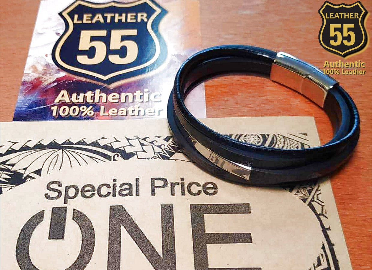 Leather 55 Ανδρικό Xειροποίητο Δερμάτινο βραχιόλι με ανοξείδωτο ατσάλι σε συσκευασία δώρου / Κωδικός Προϊόντος: C117
