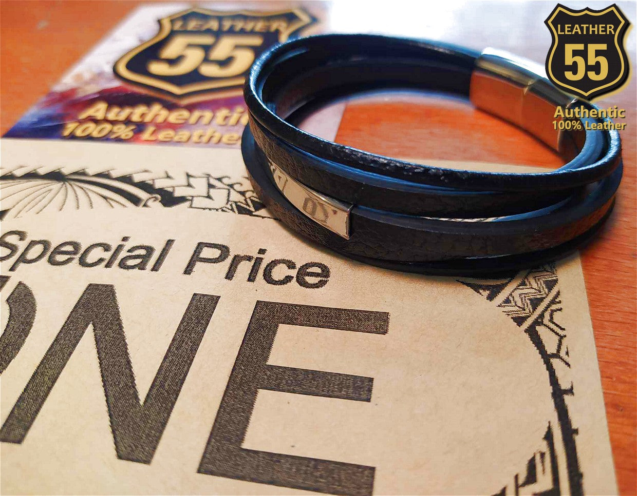 Leather 55 Ανδρικό Xειροποίητο Δερμάτινο βραχιόλι με ανοξείδωτο ατσάλι σε συσκευασία δώρου / Κωδικός Προϊόντος: C117