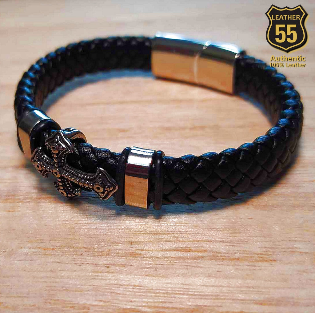 Leather 55 Ανδρικό Xειροποίητο Δερμάτινο βραχιόλι με ανοξείδωτο ατσάλι σε συσκευασία δώρου / Κωδικός Προϊόντος: C119
