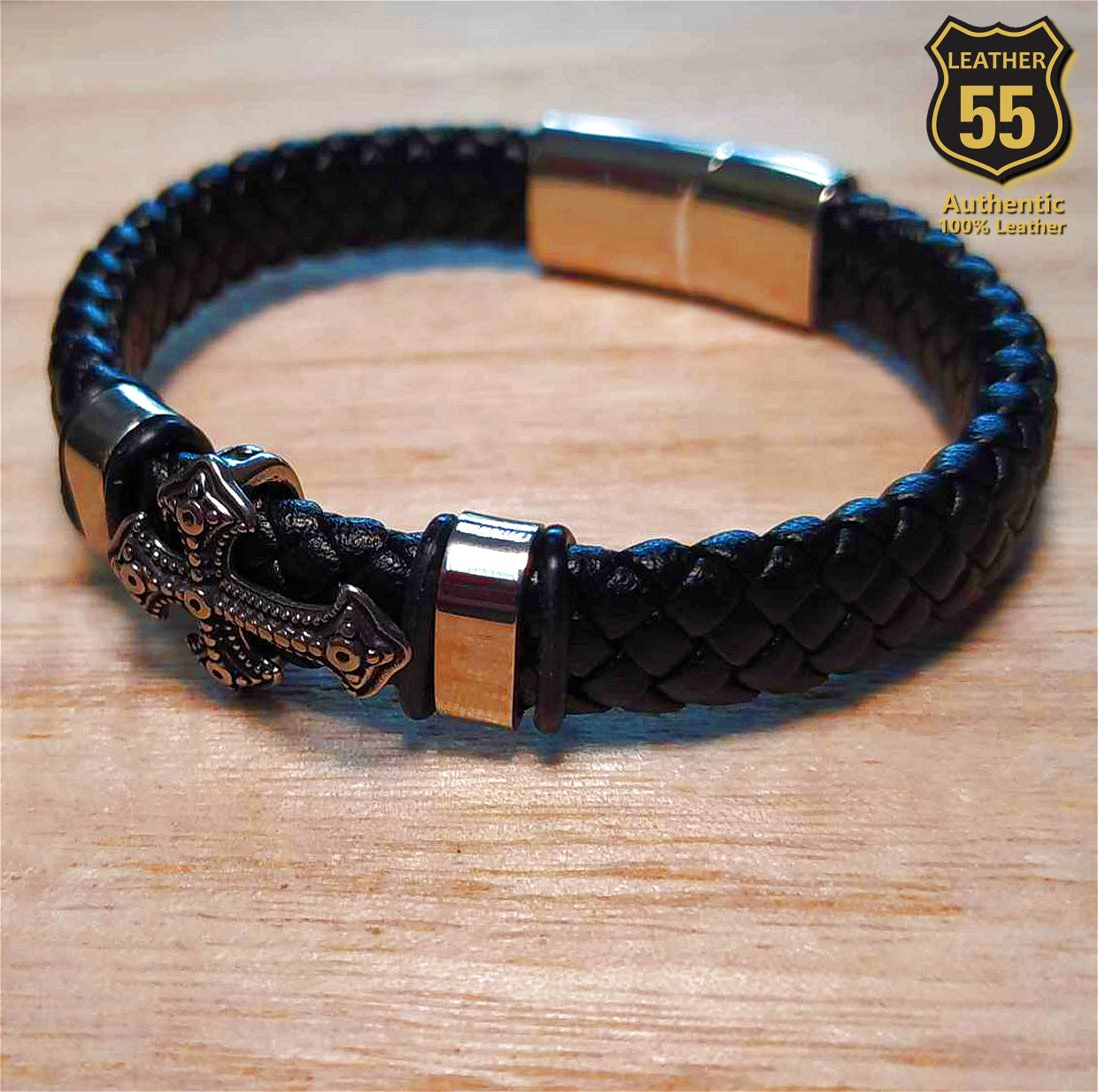 Leather 55 Ανδρικό Xειροποίητο Δερμάτινο βραχιόλι με ανοξείδωτο ατσάλι σε συσκευασία δώρου / Κωδικός Προϊόντος: C119