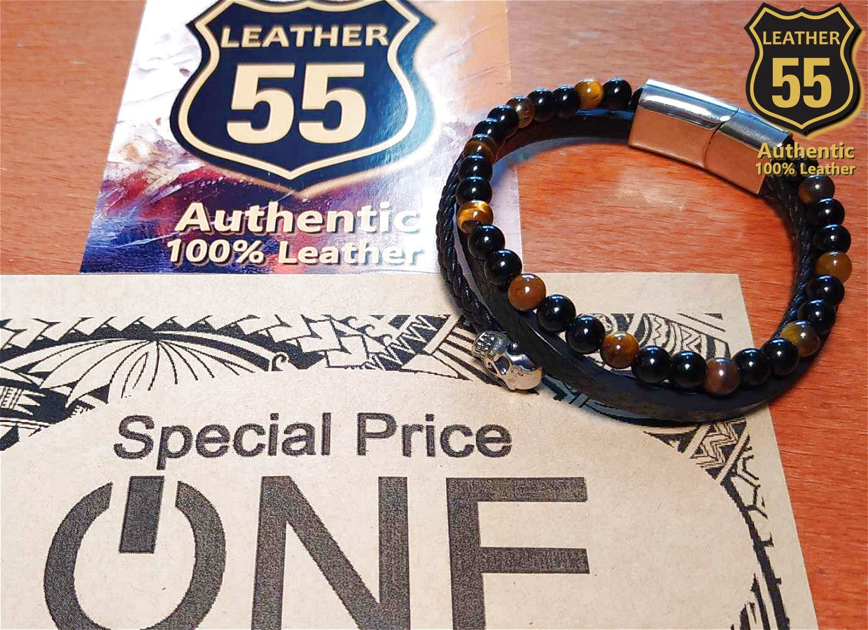 Leather 55 Ανδρικό Xειροποίητο Δερμάτινο βραχιόλι με ανοξείδωτο ατσάλι σε συσκευασία δώρου / Κωδικός Προϊόντος: C121