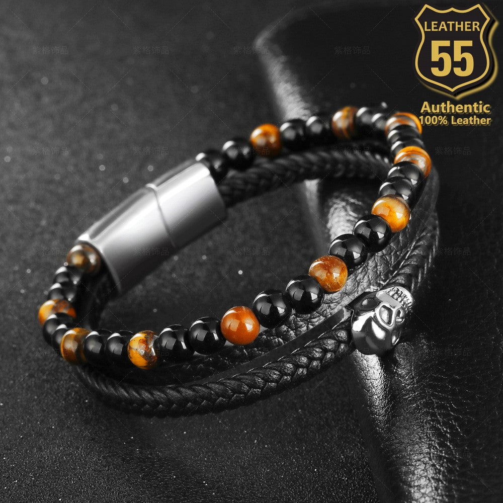 Leather 55 Ανδρικό Xειροποίητο Δερμάτινο βραχιόλι με ανοξείδωτο ατσάλι σε συσκευασία δώρου / Κωδικός Προϊόντος: C121