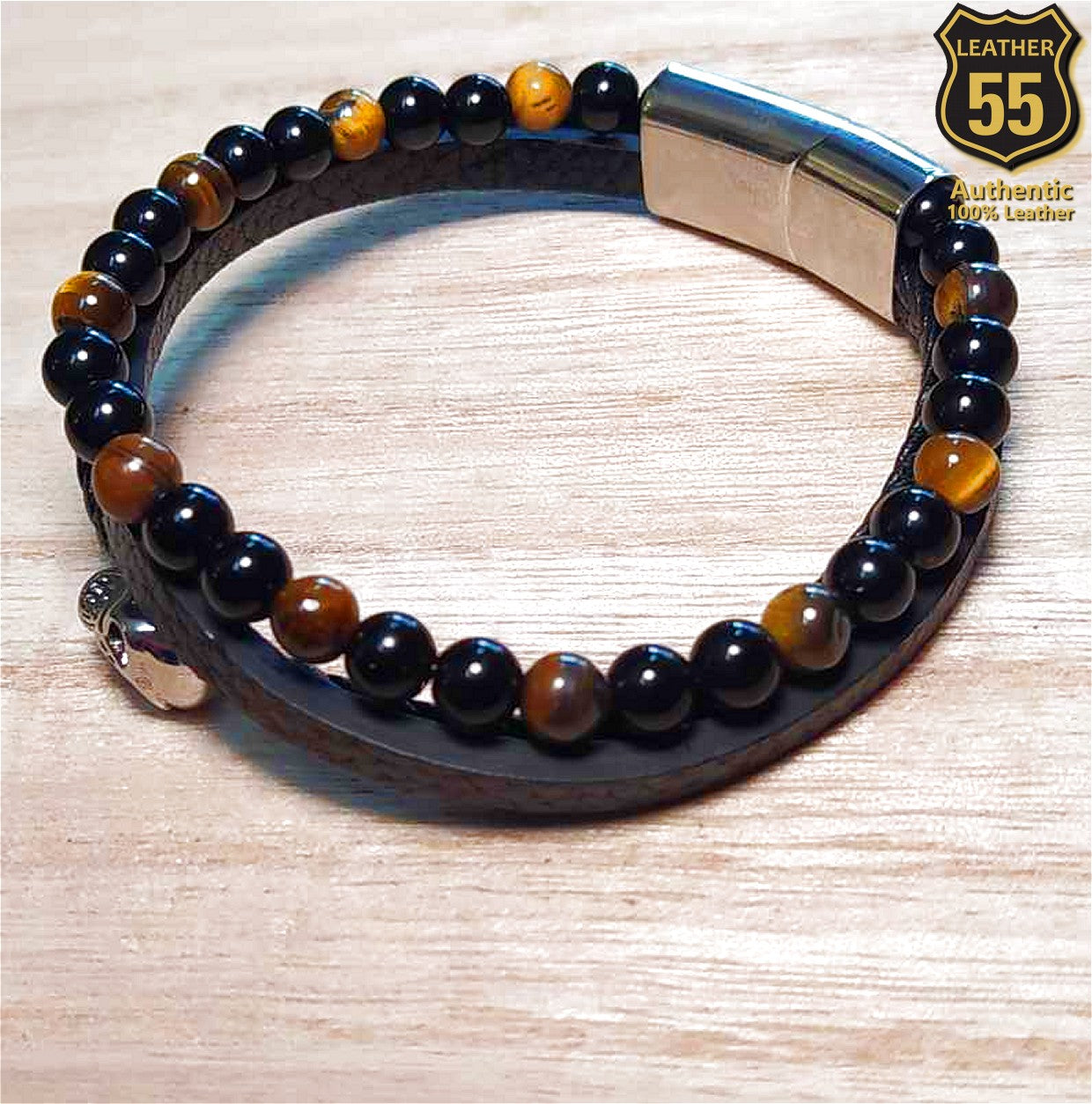 Leather 55 Ανδρικό Xειροποίητο Δερμάτινο βραχιόλι με ανοξείδωτο ατσάλι σε συσκευασία δώρου / Κωδικός Προϊόντος: C121