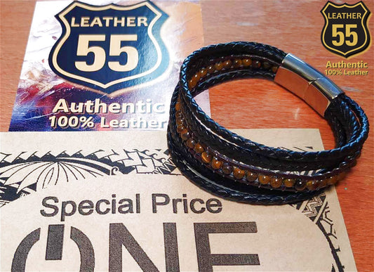 Leather 55 Ανδρικό Xειροποίητο Δερμάτινο βραχιόλι με ανοξείδωτο ατσάλι σε συσκευασία δώρου / Κωδικός Προϊόντος: C122