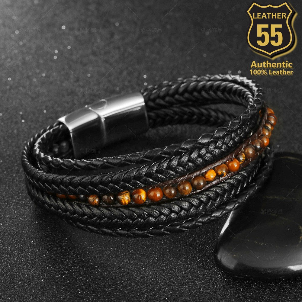 Leather 55 Ανδρικό Xειροποίητο Δερμάτινο βραχιόλι με ανοξείδωτο ατσάλι σε συσκευασία δώρου / Κωδικός Προϊόντος: C122