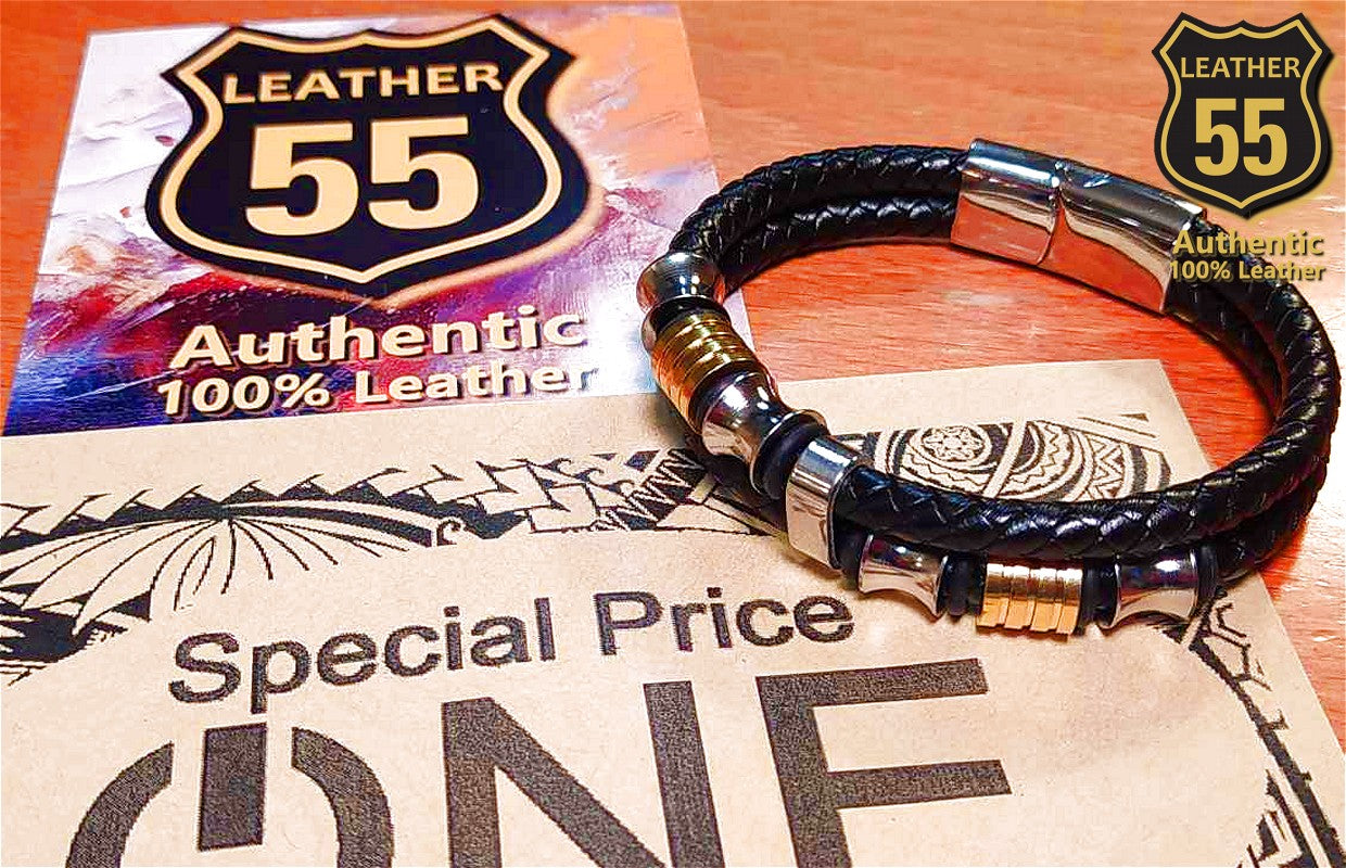 Leather 55 Ανδρικό Xειροποίητο Δερμάτινο βραχιόλι με ανοξείδωτο ατσάλι σε συσκευασία δώρου / Κωδικός Προϊόντος: C125