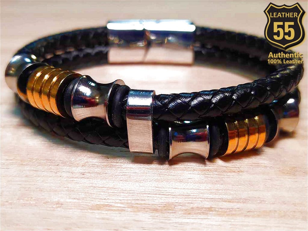 Leather 55 Ανδρικό Xειροποίητο Δερμάτινο βραχιόλι με ανοξείδωτο ατσάλι σε συσκευασία δώρου / Κωδικός Προϊόντος: C125