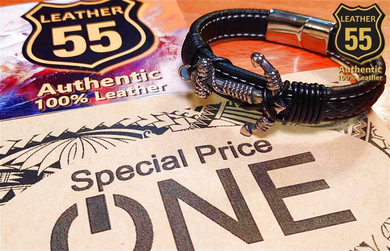 Leather 55 Ανδρικό Xειροποίητο Δερμάτινο βραχιόλι με ανοξείδωτο ατσάλι σε συσκευασία δώρου / Κωδικός Προϊόντος: C126