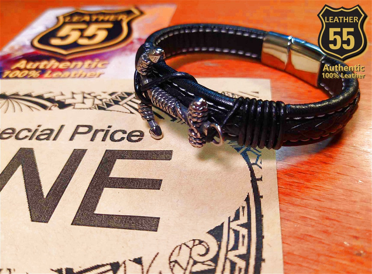 Leather 55 Ανδρικό Xειροποίητο Δερμάτινο βραχιόλι με ανοξείδωτο ατσάλι σε συσκευασία δώρου / Κωδικός Προϊόντος: C126