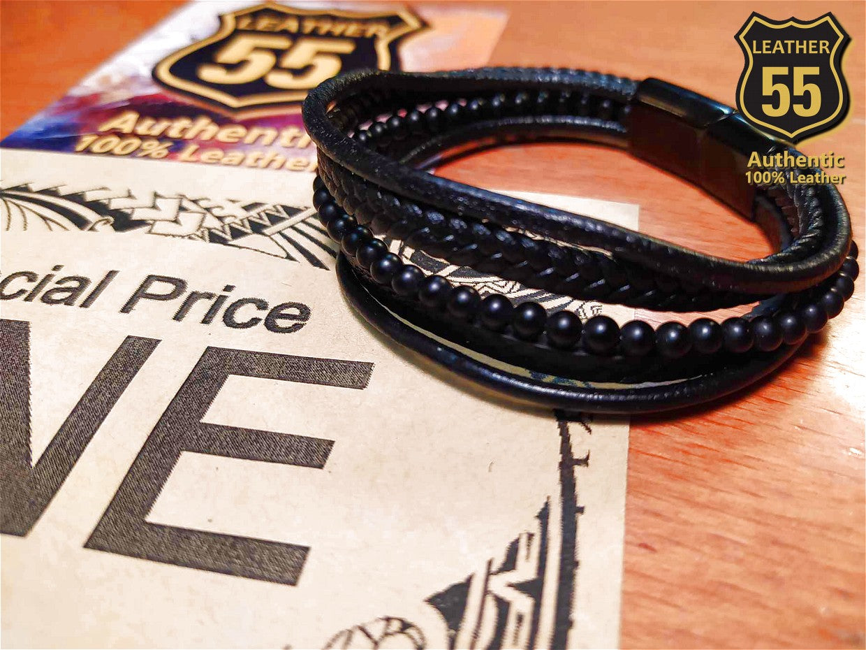 Leather 55 Ανδρικό Xειροποίητο Δερμάτινο βραχιόλι με ανοξείδωτο ατσάλι σε συσκευασία δώρου / Κωδικός Προϊόντος: C131