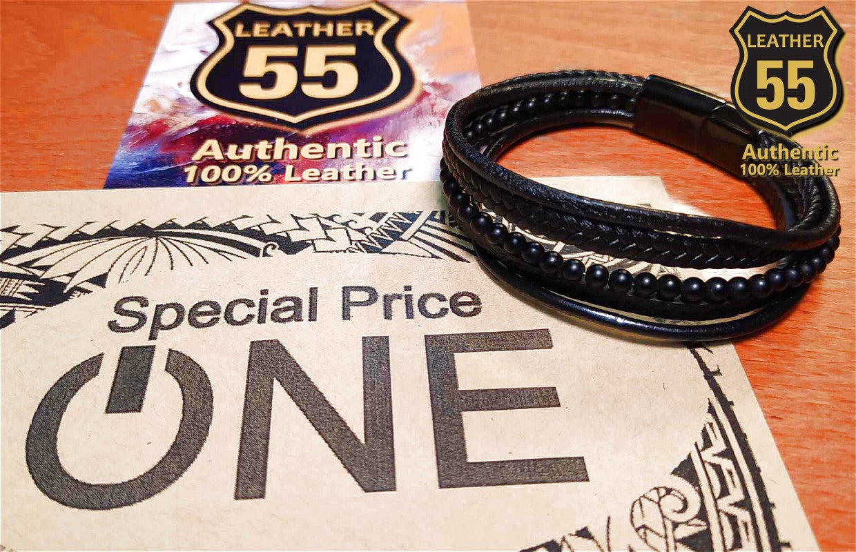 Leather 55 Ανδρικό Xειροποίητο Δερμάτινο βραχιόλι με ανοξείδωτο ατσάλι σε συσκευασία δώρου / Κωδικός Προϊόντος: C131