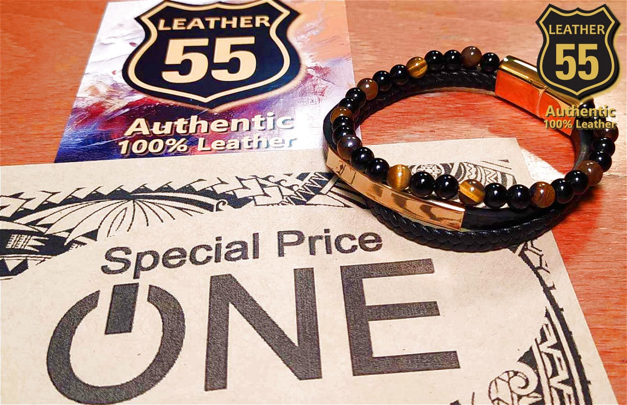 Leather 55 Ανδρικό Xειροποίητο Δερμάτινο βραχιόλι με ανοξείδωτο ατσάλι σε συσκευασία δώρου / Κωδικός Προϊόντος: C133