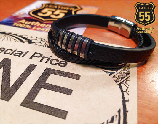 Leather 55 Δερμάτινο βραχιόλι με ανοξείδωτο ατσάλι σε συσκευασία δώρου / Κωδικός Προϊόντος: C135