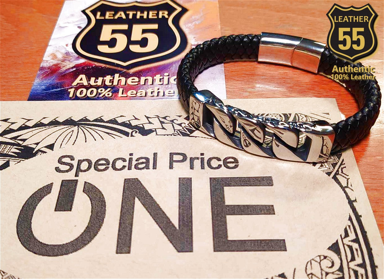 Leather 55 Ανδρικό Xειροποίητο Δερμάτινο βραχιόλι με ανοξείδωτο ατσάλι σε συσκευασία δώρου / Κωδικός Προϊόντος: C144