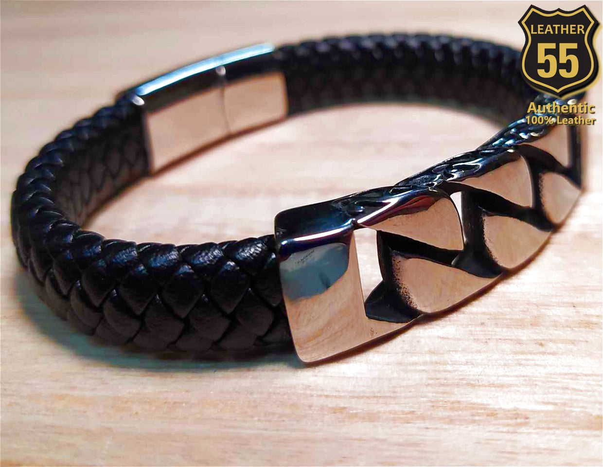 Leather 55 Ανδρικό Xειροποίητο Δερμάτινο βραχιόλι με ανοξείδωτο ατσάλι σε συσκευασία δώρου / Κωδικός Προϊόντος: C144