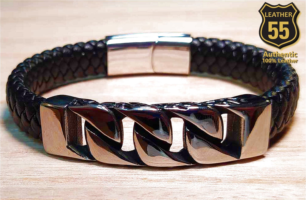 Leather 55 Ανδρικό Xειροποίητο Δερμάτινο βραχιόλι με ανοξείδωτο ατσάλι σε συσκευασία δώρου / Κωδικός Προϊόντος: C144