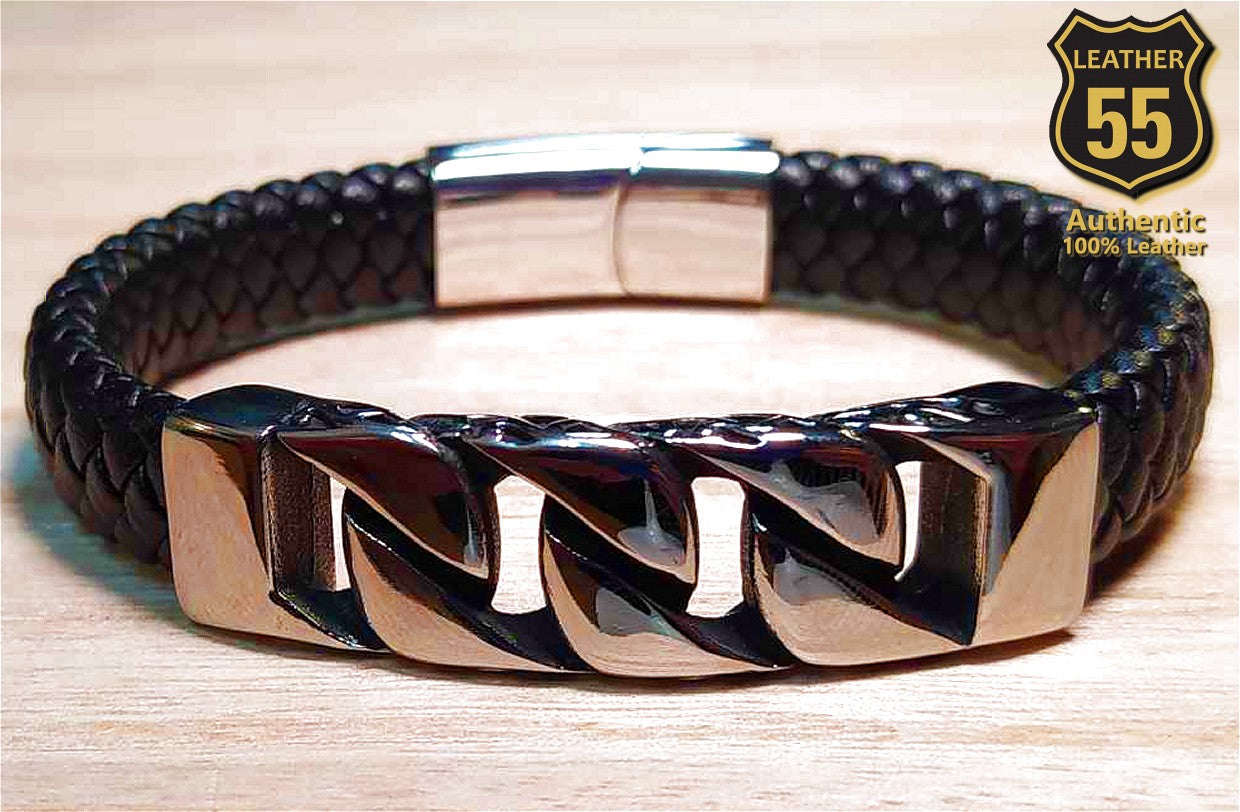Leather 55 Ανδρικό Xειροποίητο Δερμάτινο βραχιόλι με ανοξείδωτο ατσάλι σε συσκευασία δώρου / Κωδικός Προϊόντος: C144