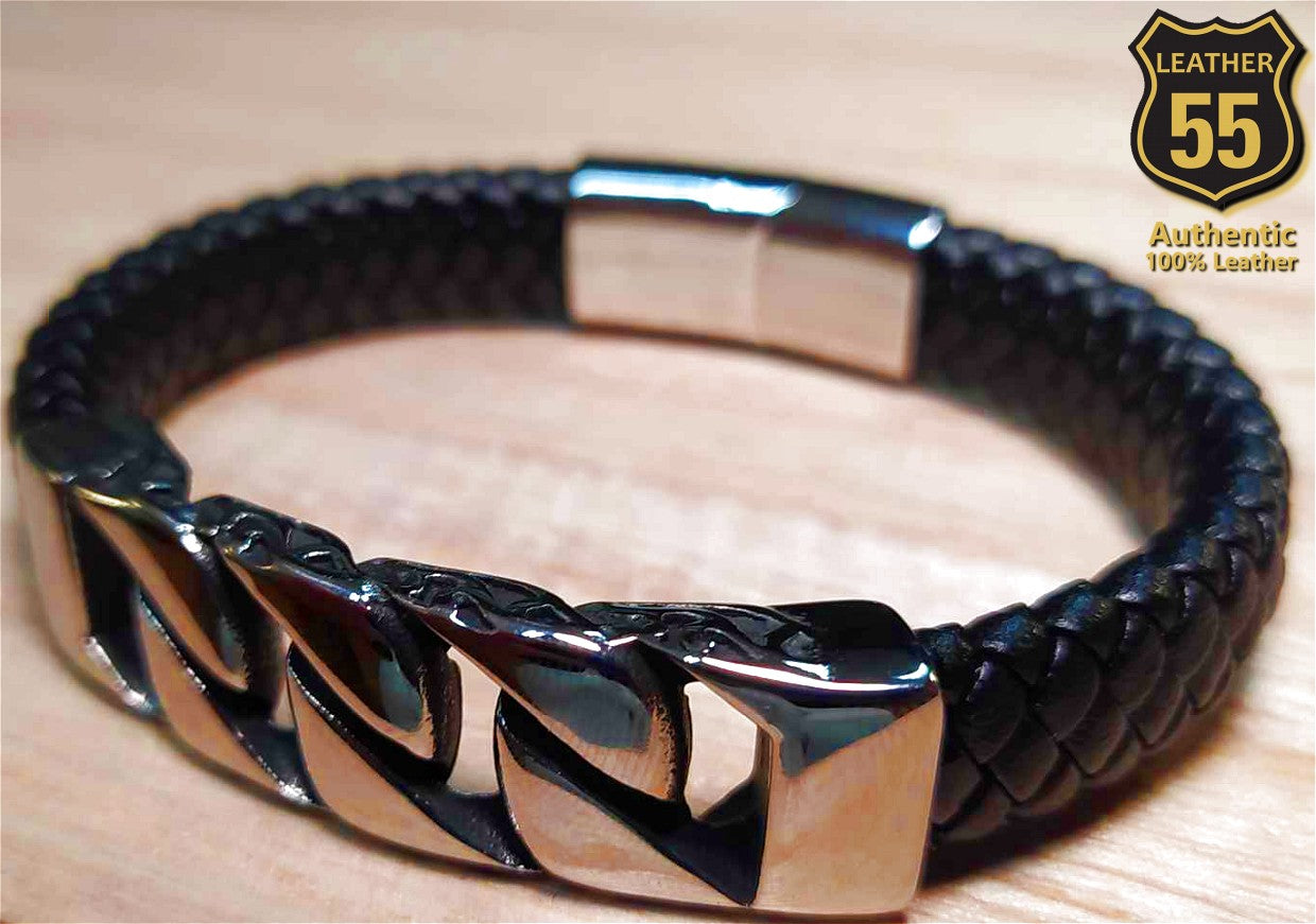 Leather 55 Ανδρικό Xειροποίητο Δερμάτινο βραχιόλι με ανοξείδωτο ατσάλι σε συσκευασία δώρου / Κωδικός Προϊόντος: C144