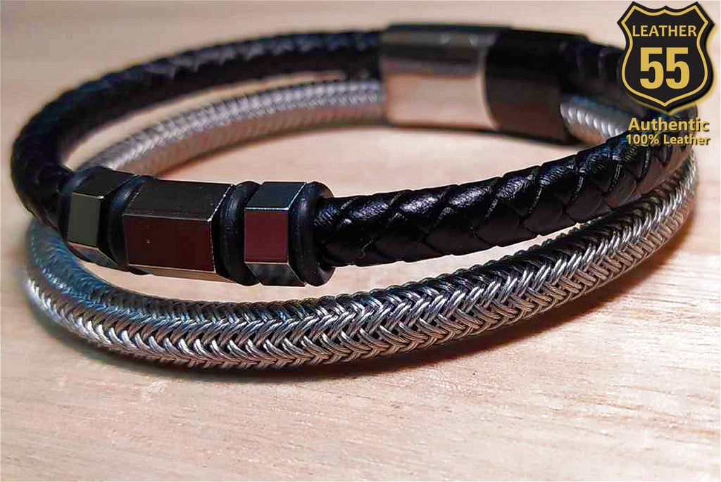 Leather 55 Ανδρικό Xειροποίητο Δερμάτινο βραχιόλι με ανοξείδωτο ατσάλι σε συσκευασία δώρου / Κωδικός Προϊόντος: C149