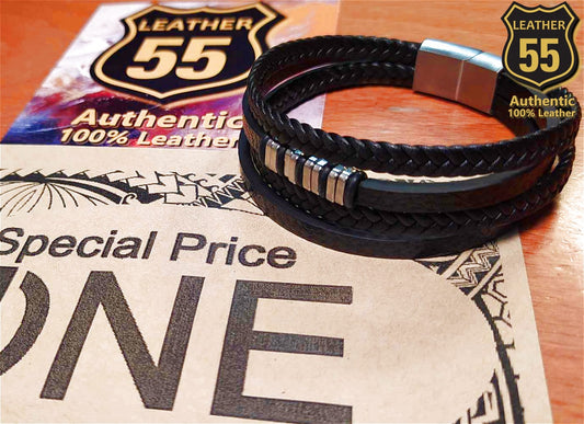 Leather 55 Ανδρικό Xειροποίητο Δερμάτινο βραχιόλι με ανοξείδωτο ατσάλι σε συσκευασία δώρου / Κωδικός Προϊόντος: C150