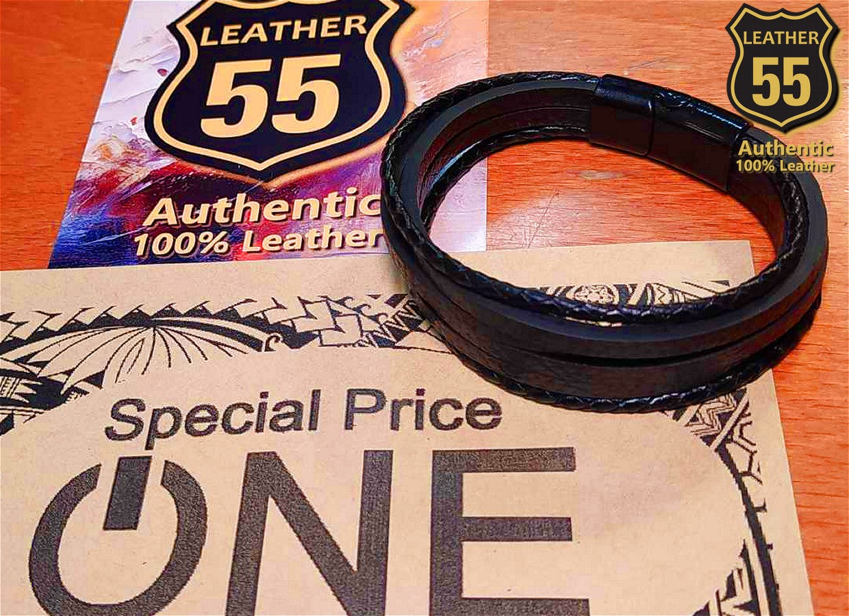 Leather 55 Ανδρικό Xειροποίητο Δερμάτινο βραχιόλι με ανοξείδωτο ατσάλι σε συσκευασία δώρου / Κωδικός Προϊόντος: C153