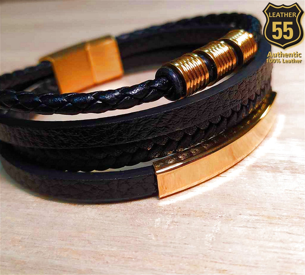 Leather 55 Ανδρικό Xειροποίητο Δερμάτινο βραχιόλι με ανοξείδωτο ατσάλι σε συσκευασία δώρου / Κωδικός Προϊόντος: C154
