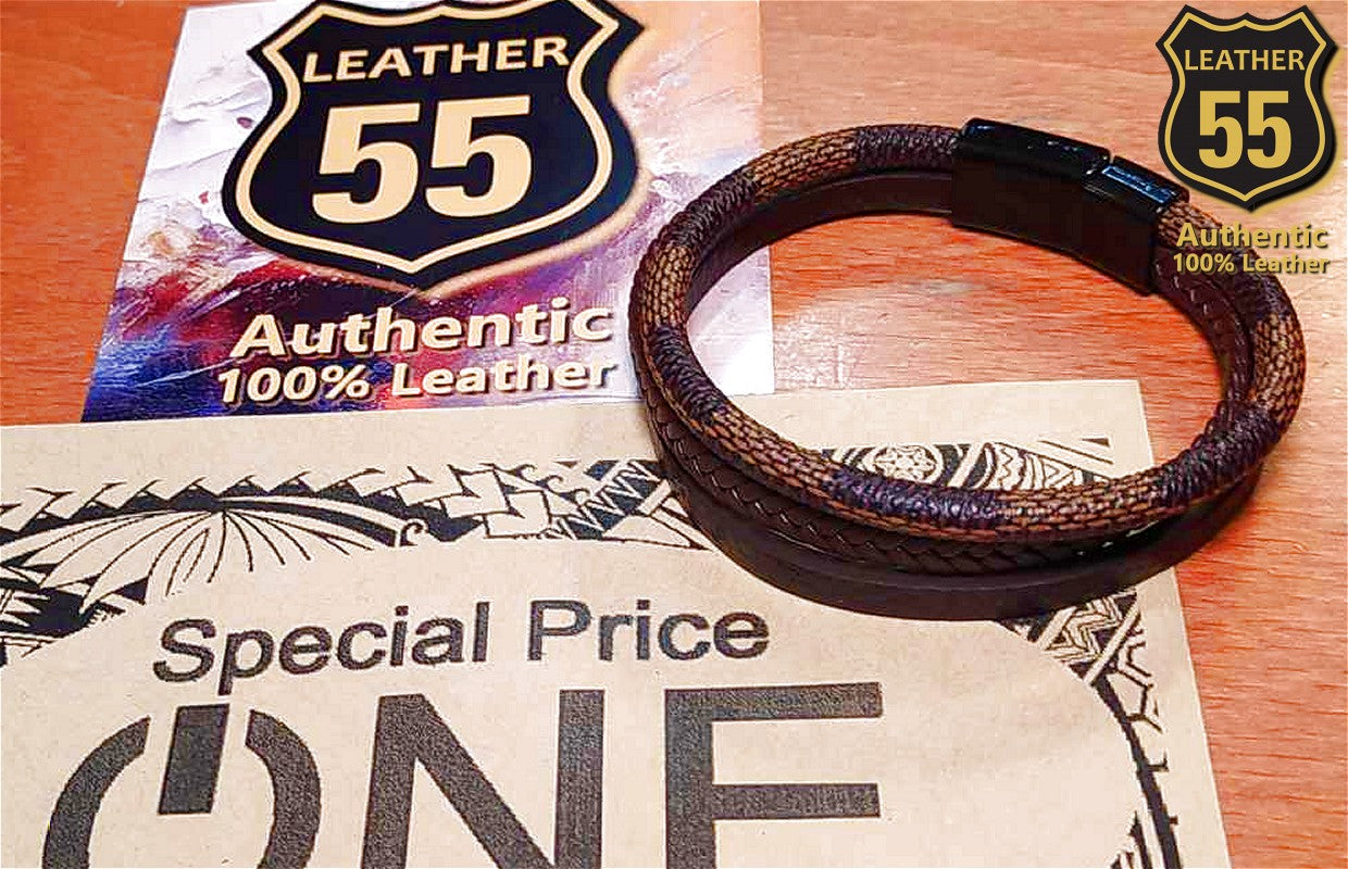 Leather 55 Ανδρικό Xειροποίητο Δερμάτινο βραχιόλι με ανοξείδωτο ατσάλι σε συσκευασία δώρου / Κωδικός Προϊόντος: C157