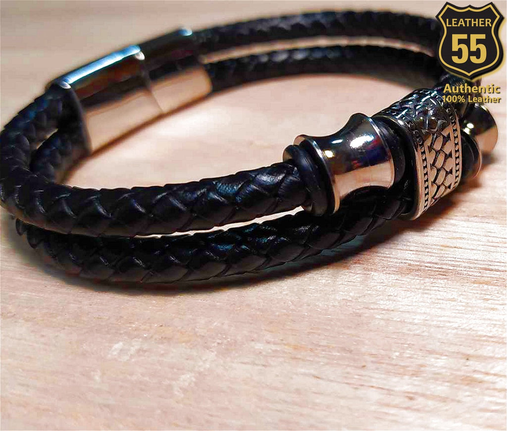 Leather 55 Ανδρικό Xειροποίητο Δερμάτινο βραχιόλι με ανοξείδωτο ατσάλι σε συσκευασία δώρου / Κωδικός Προϊόντος: C163
