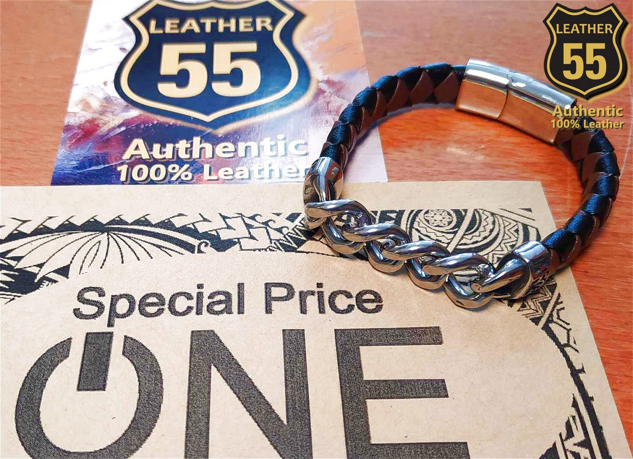 Leather 55 Ανδρικό Xειροποίητο Δερμάτινο βραχιόλι με ανοξείδωτο ατσάλι σε συσκευασία δώρου / Κωδικός Προϊόντος: C164